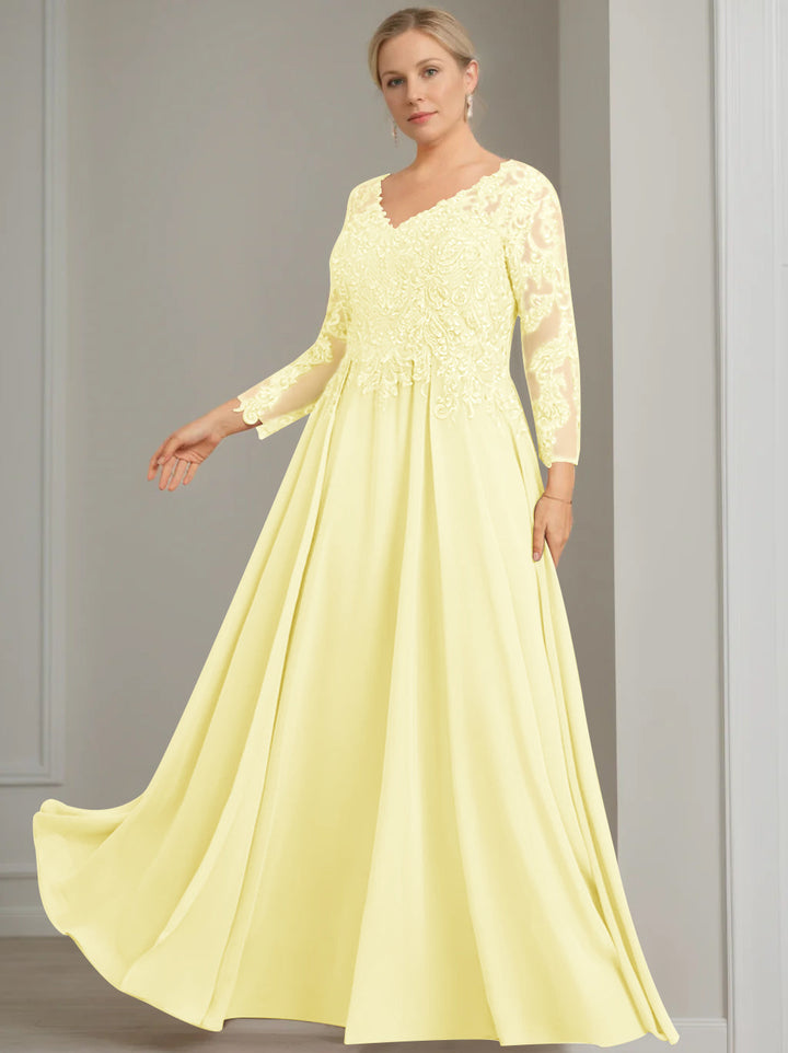 A-Line/Princess V-Neck 3/4 Length Sleeves Floor-Length Plus Size Mother of the Bride Dresses with Sequins