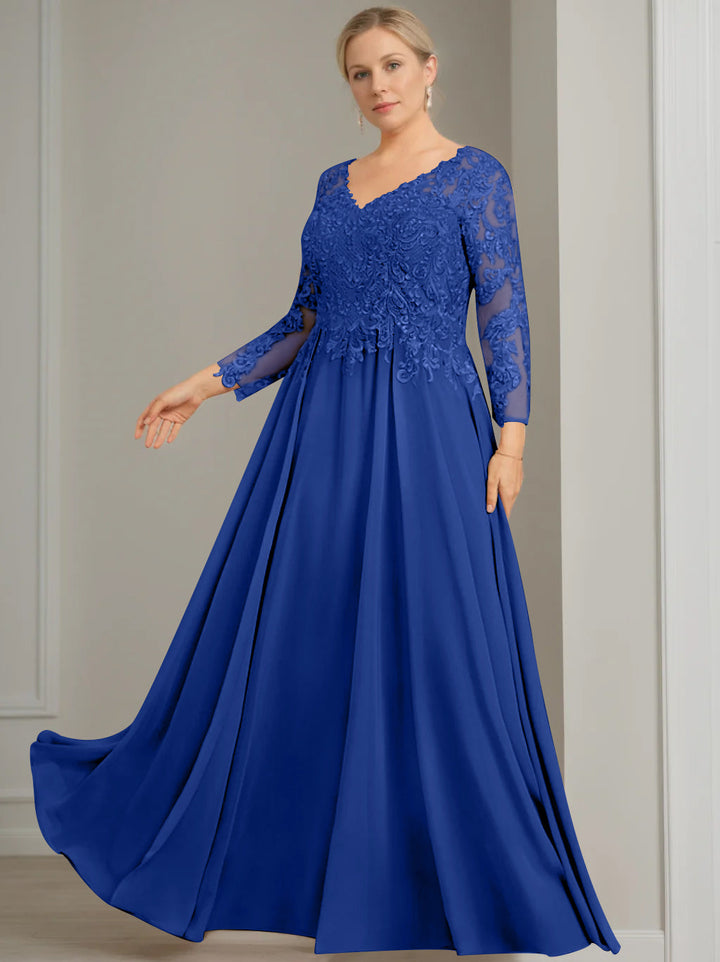 A-Line/Princess V-Neck 3/4 Length Sleeves Floor-Length Plus Size Mother of the Bride Dresses with Sequins