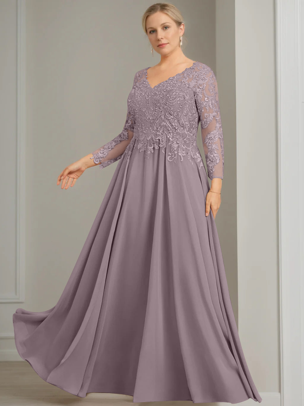 A-Line/Princess V-Neck 3/4 Length Sleeves Floor-Length Plus Size Mother of the Bride Dresses with Sequins