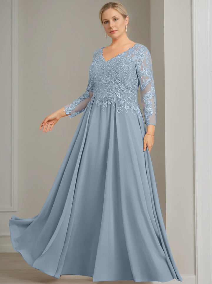 A-Line/Princess V-Neck 3/4 Length Sleeves Floor-Length Plus Size Mother of the Bride Dresses with Sequins