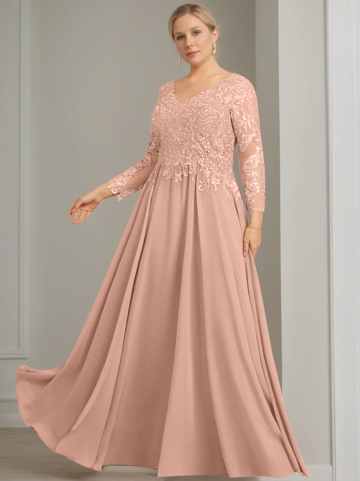 A-Line/Princess V-Neck 3/4 Length Sleeves Floor-Length Plus Size Mother of the Bride Dresses with Sequins