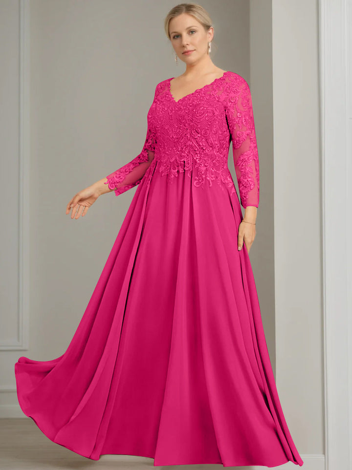 A-Line/Princess V-Neck 3/4 Length Sleeves Floor-Length Plus Size Mother of the Bride Dresses with Sequins