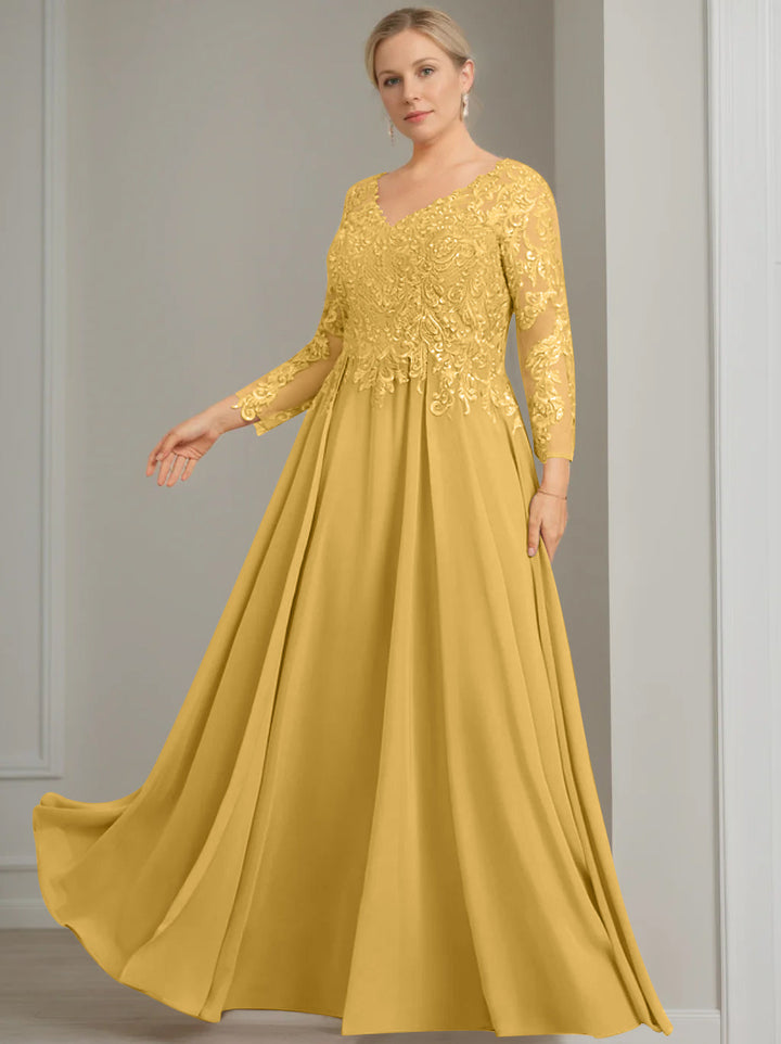 A-Line/Princess V-Neck 3/4 Length Sleeves Floor-Length Plus Size Mother of the Bride Dresses with Sequins