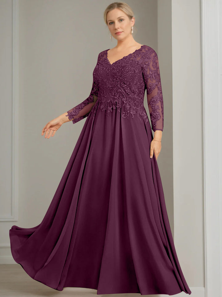 A-Line/Princess V-Neck 3/4 Length Sleeves Floor-Length Plus Size Mother of the Bride Dresses with Sequins