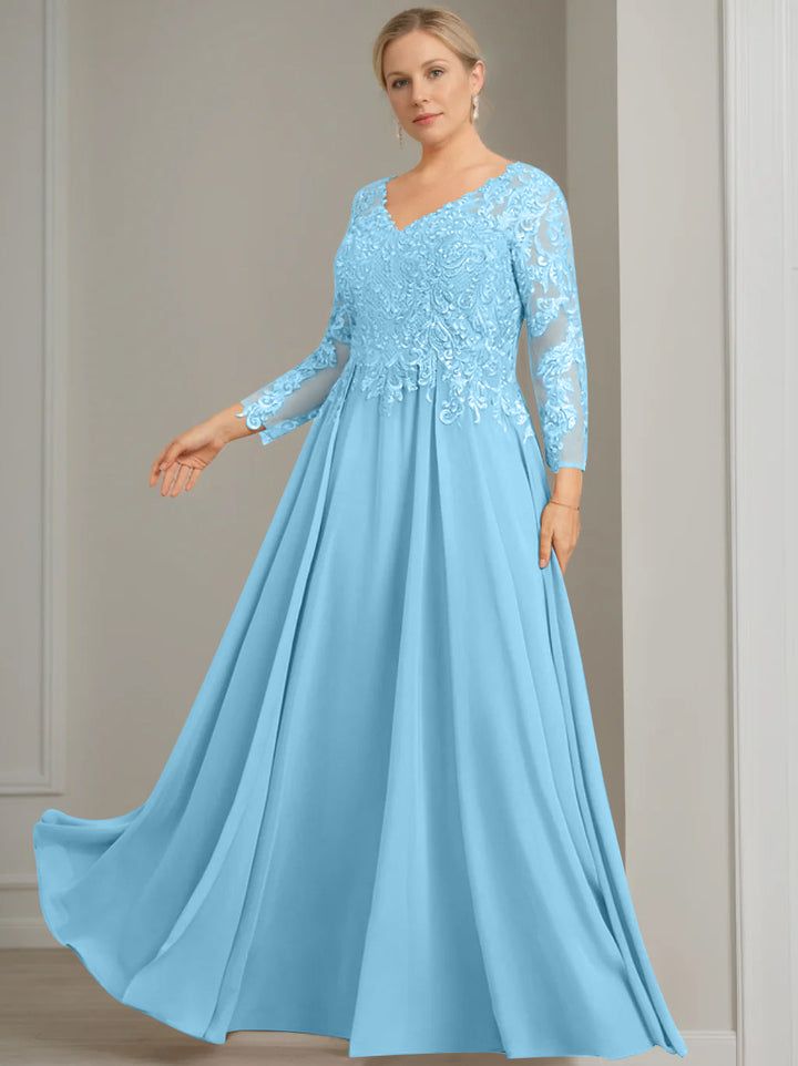 A-Line/Princess V-Neck 3/4 Length Sleeves Floor-Length Plus Size Mother of the Bride Dresses with Sequins