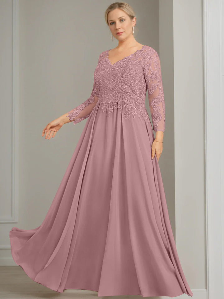 A-Line/Princess V-Neck 3/4 Length Sleeves Floor-Length Plus Size Mother of the Bride Dresses with Sequins