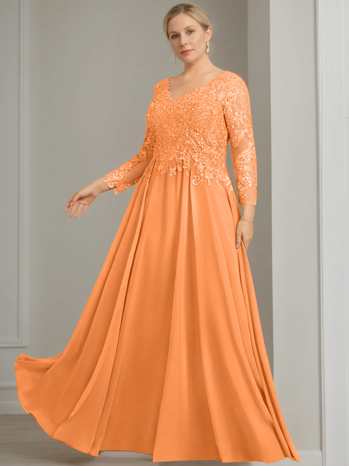 A-Line/Princess V-Neck 3/4 Length Sleeves Floor-Length Plus Size Mother of the Bride Dresses with Sequins