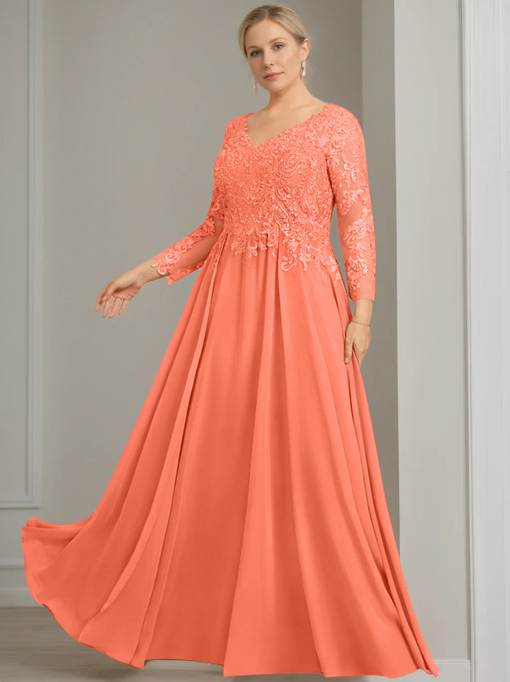 A-Line/Princess V-Neck 3/4 Length Sleeves Floor-Length Plus Size Mother of the Bride Dresses with Sequins