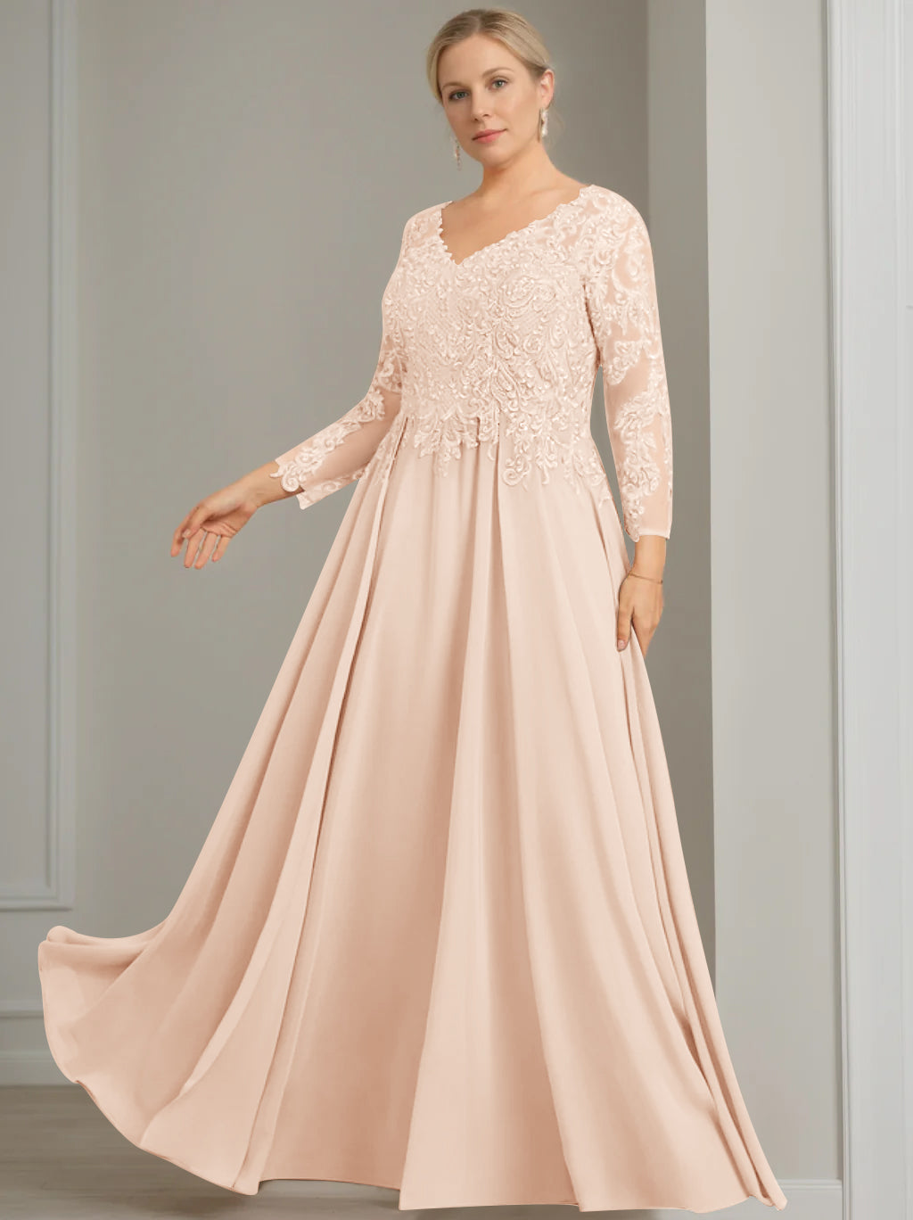 A-Line/Princess V-Neck 3/4 Length Sleeves Floor-Length Plus Size Mother of the Bride Dresses with Sequins