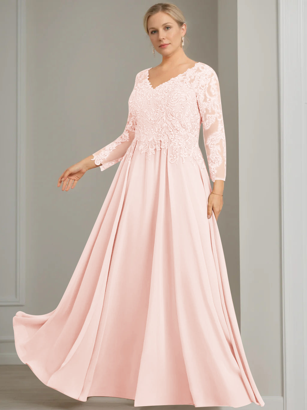 A-Line/Princess V-Neck 3/4 Length Sleeves Floor-Length Plus Size Mother of the Bride Dresses with Sequins