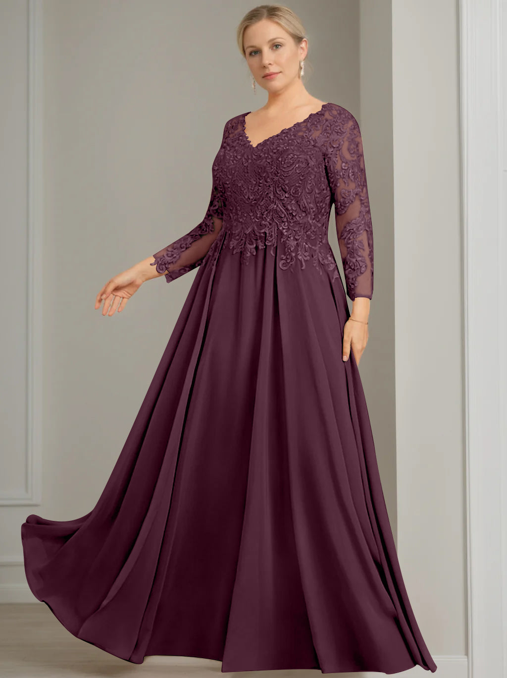 A-Line/Princess V-Neck 3/4 Length Sleeves Floor-Length Plus Size Mother of the Bride Dresses with Sequins