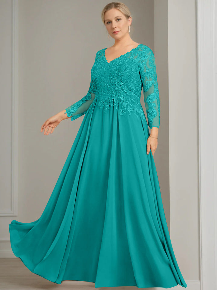 A-Line/Princess V-Neck 3/4 Length Sleeves Floor-Length Plus Size Mother of the Bride Dresses with Sequins