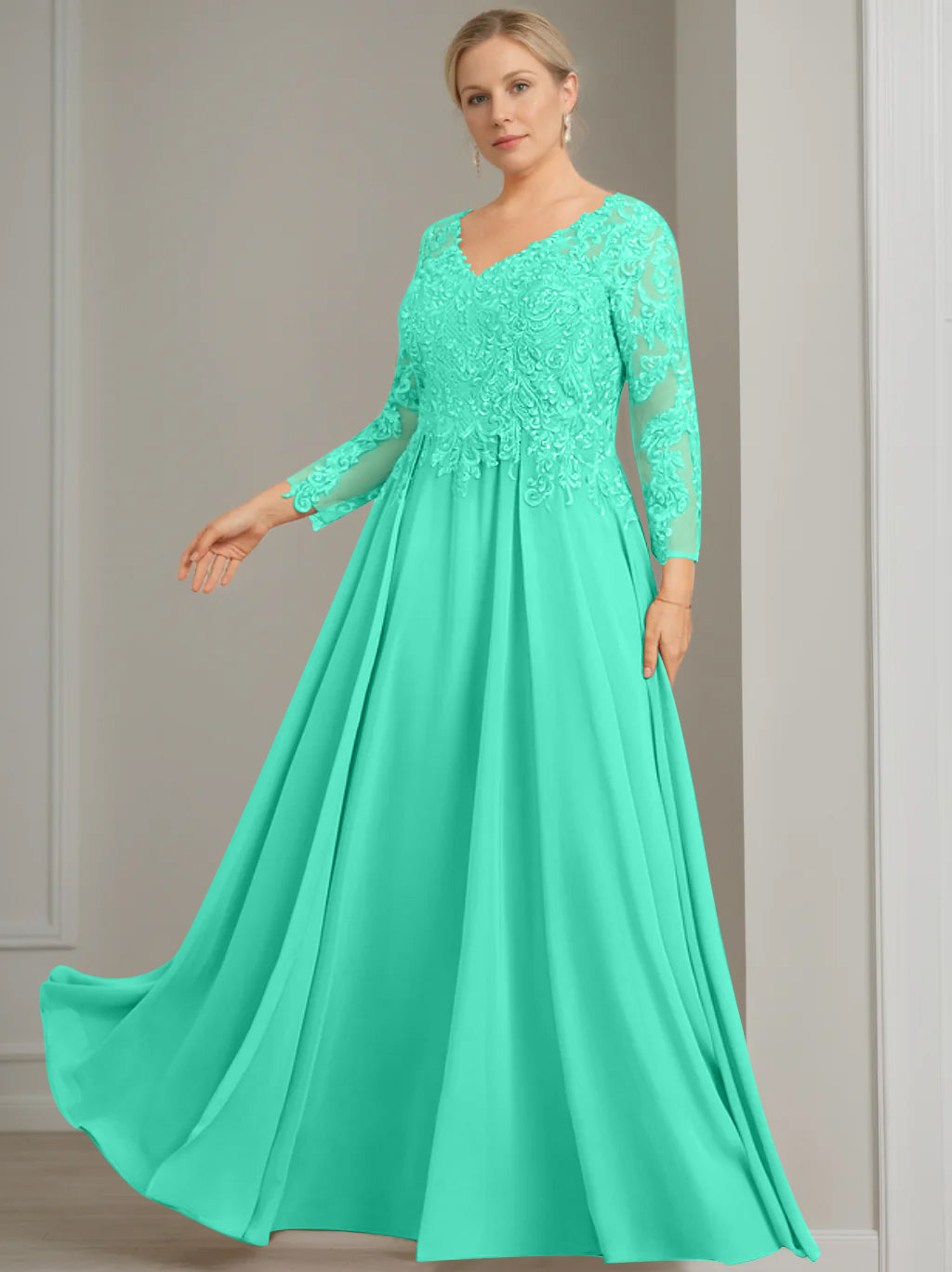 A-Line/Princess V-Neck 3/4 Length Sleeves Floor-Length Plus Size Mother of the Bride Dresses with Sequins