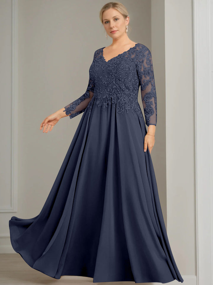 A-Line/Princess V-Neck 3/4 Length Sleeves Floor-Length Plus Size Mother of the Bride Dresses with Sequins