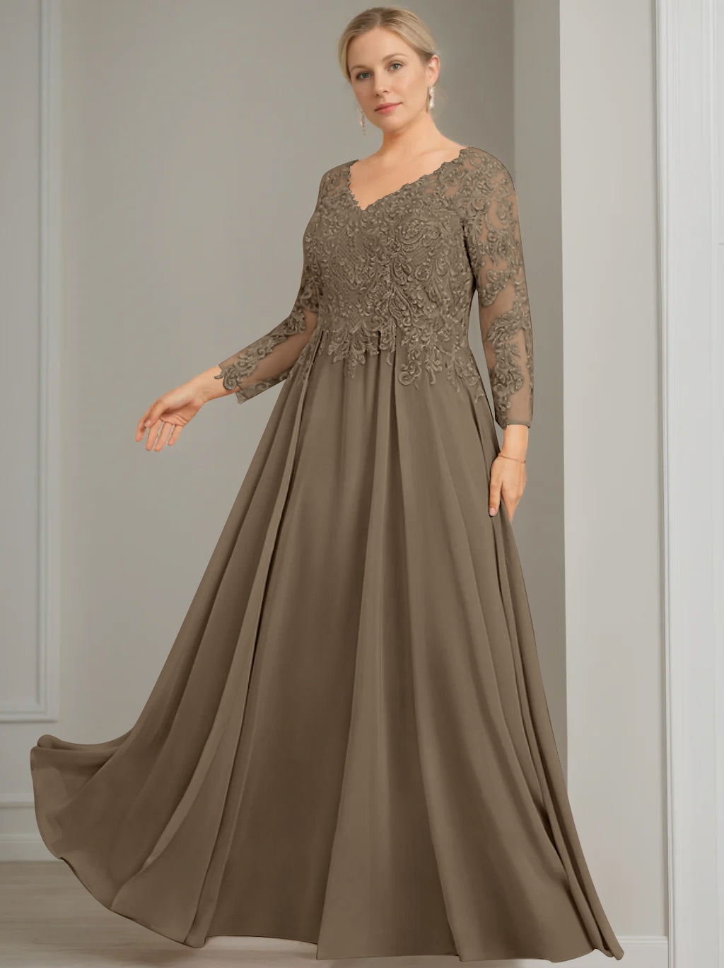 A-Line/Princess V-Neck 3/4 Length Sleeves Floor-Length Plus Size Mother of the Bride Dresses with Sequins