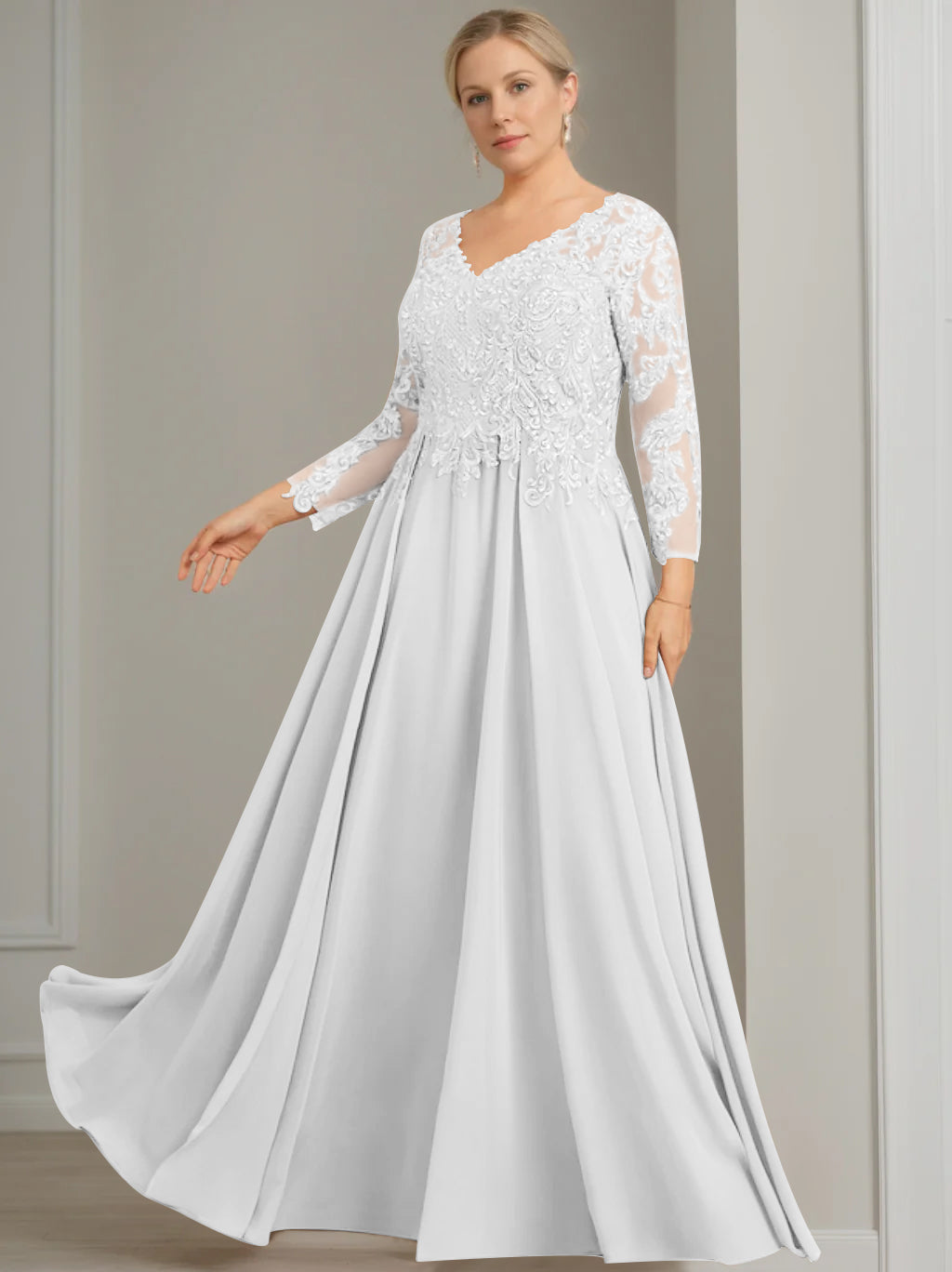 A-Line/Princess V-Neck 3/4 Length Sleeves Floor-Length Plus Size Mother of the Bride Dresses with Sequins