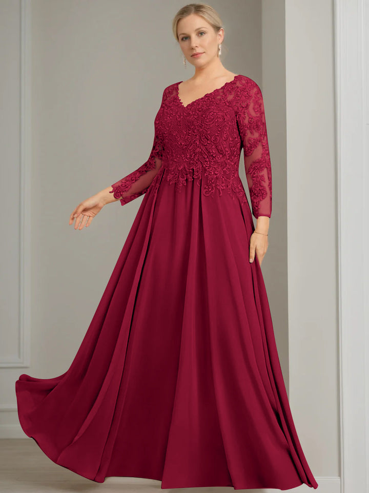 A-Line/Princess V-Neck 3/4 Length Sleeves Floor-Length Plus Size Mother of the Bride Dresses with Sequins