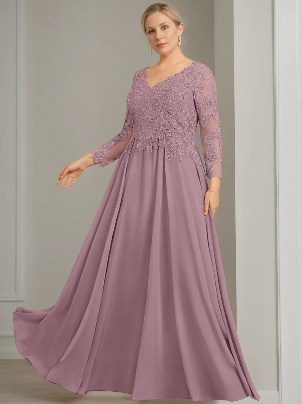 A-Line/Princess V-Neck 3/4 Length Sleeves Floor-Length Plus Size Mother of the Bride Dresses with Sequins