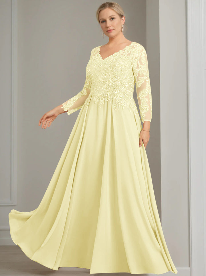 A-Line/Princess V-Neck 3/4 Length Sleeves Floor-Length Plus Size Mother of the Bride Dresses with Sequins