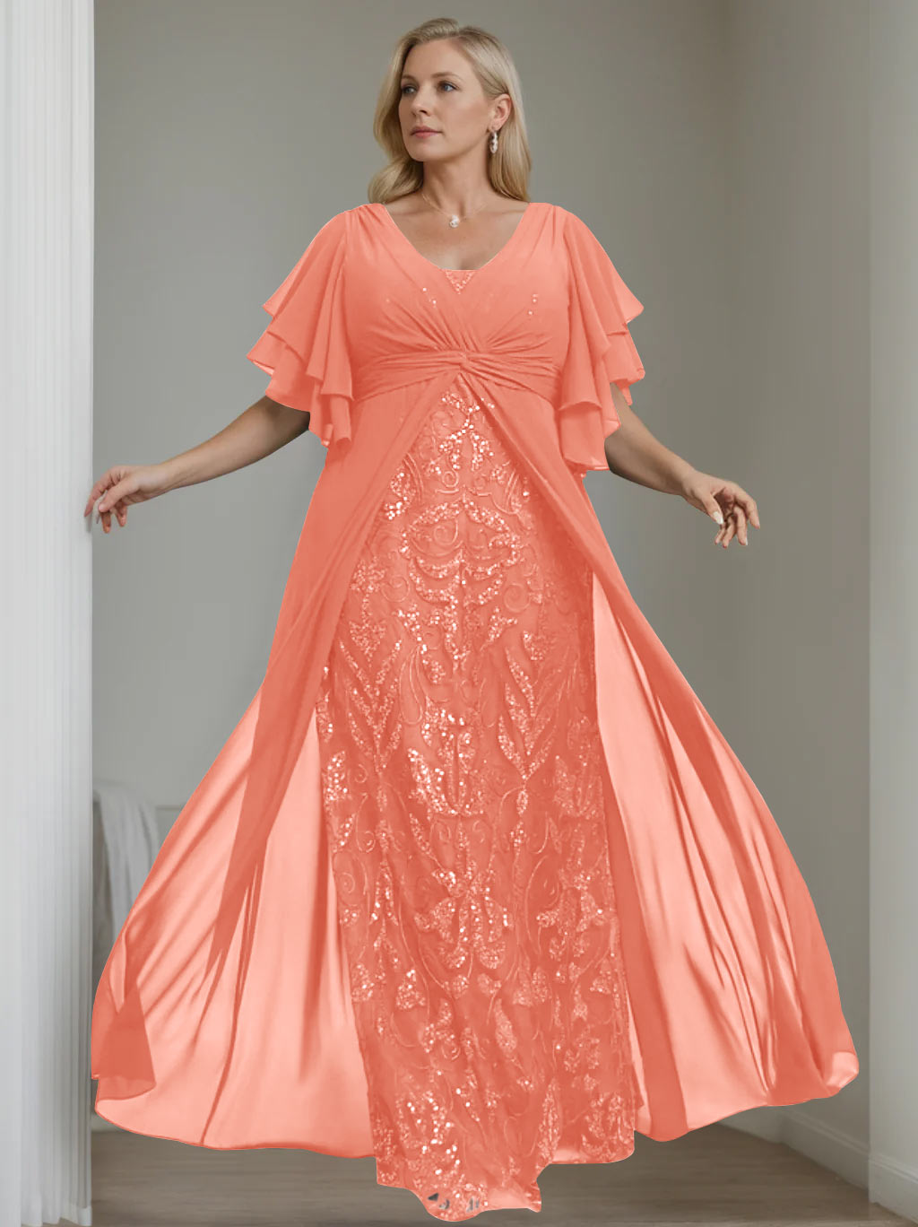 A-Line/Princess V-Neck Half Sleeves Floor-Length Plus Size Mother of the Bride Dresses with Pleated