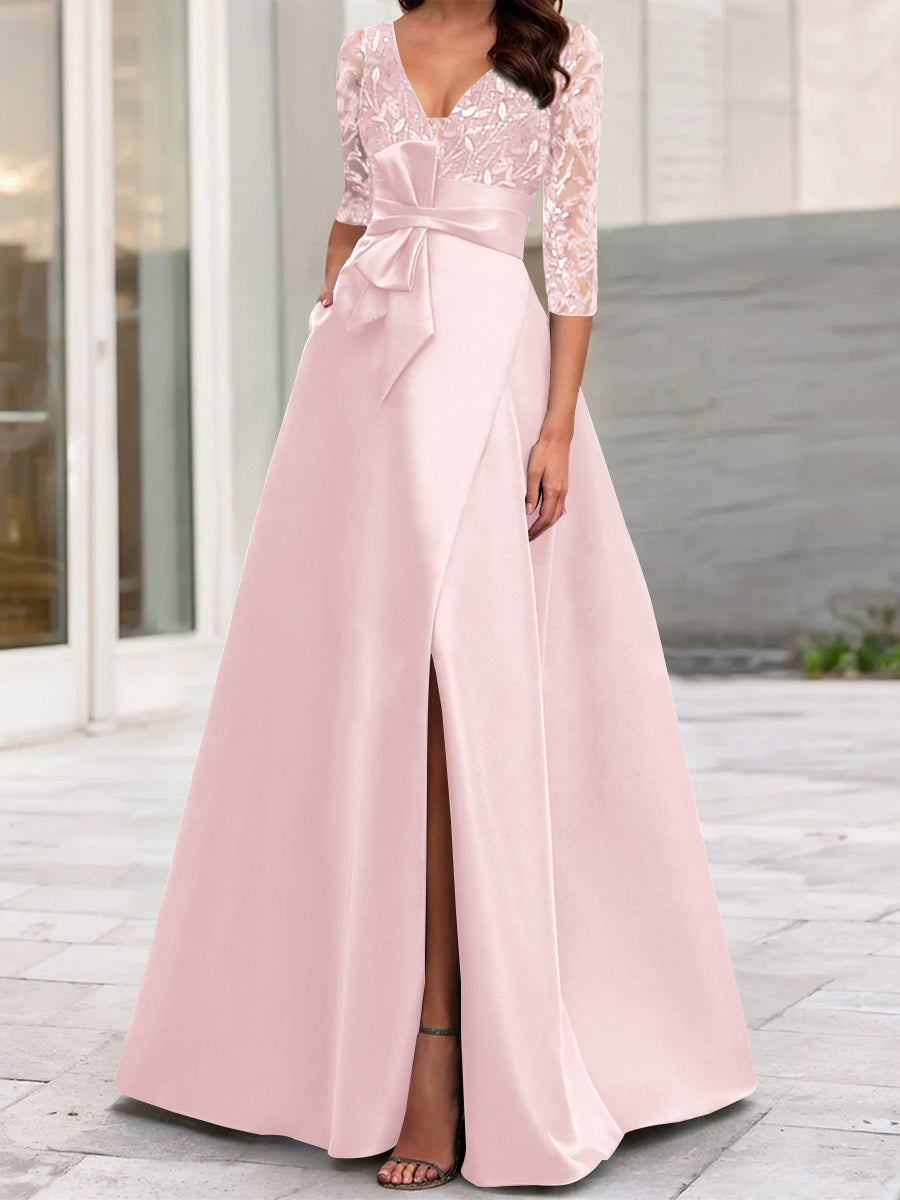 A-Line/Princess V-Neck Floor-Length Mother of the Bride Dresses with Split Side Ruffles Sequins Bow(s)