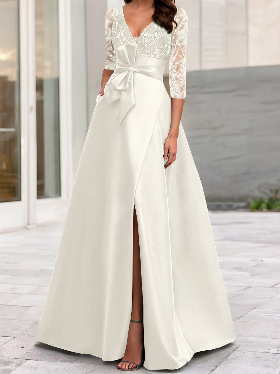 A-Line/Princess V-Neck Floor-Length Mother of the Bride Dresses with Split Side Ruffles Sequins Bow(s)