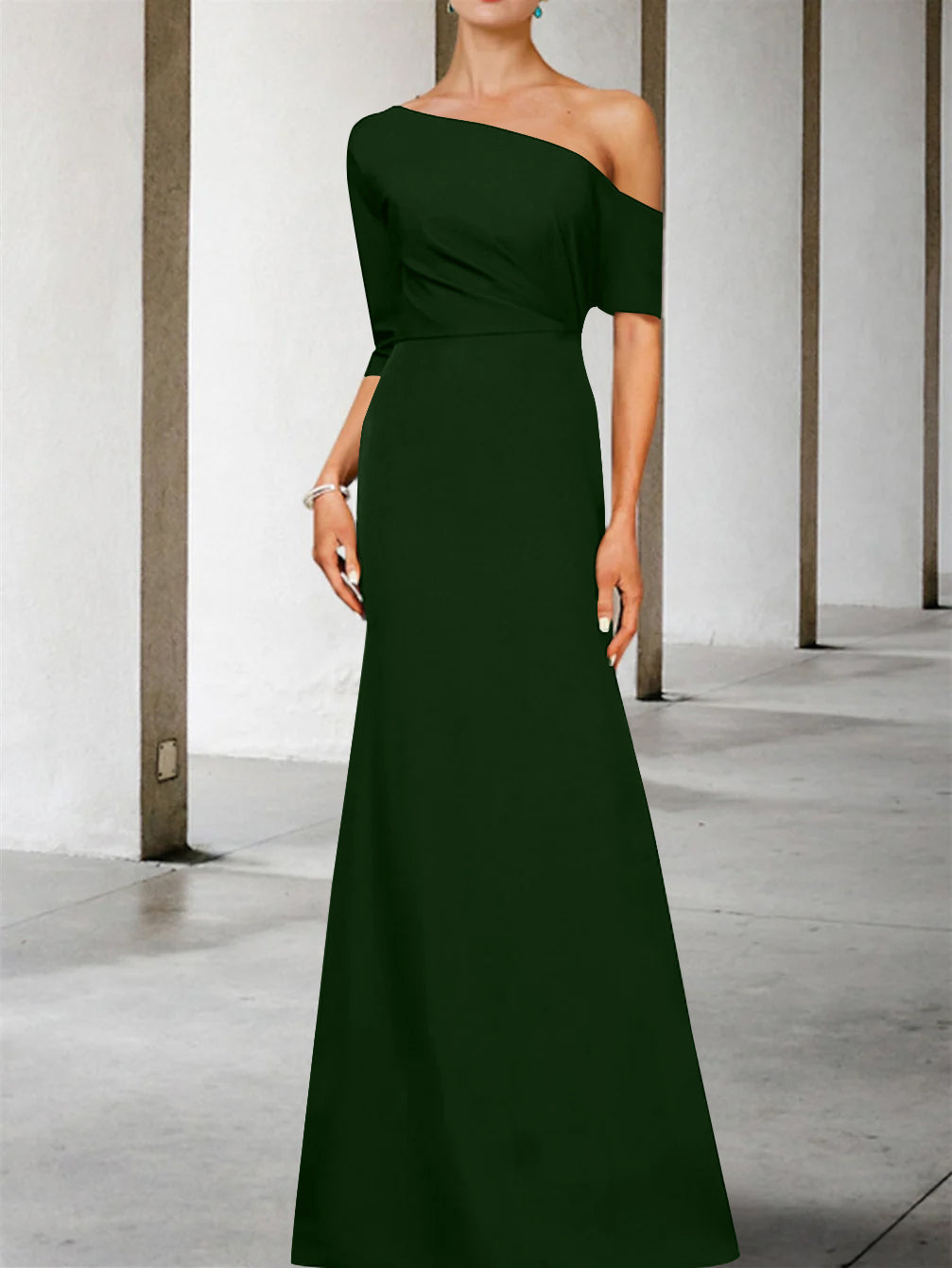 A-Line/Princess One-Shoulder 3/4 Length Sleeves Floor-Length Mother of the Bride Dresses