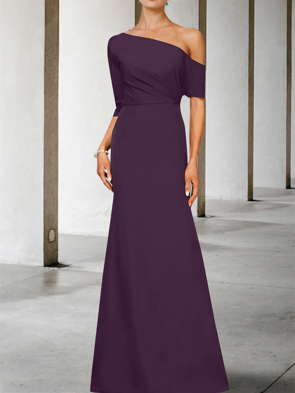 A-Line/Princess One-Shoulder 3/4 Length Sleeves Floor-Length Mother of the Bride Dresses