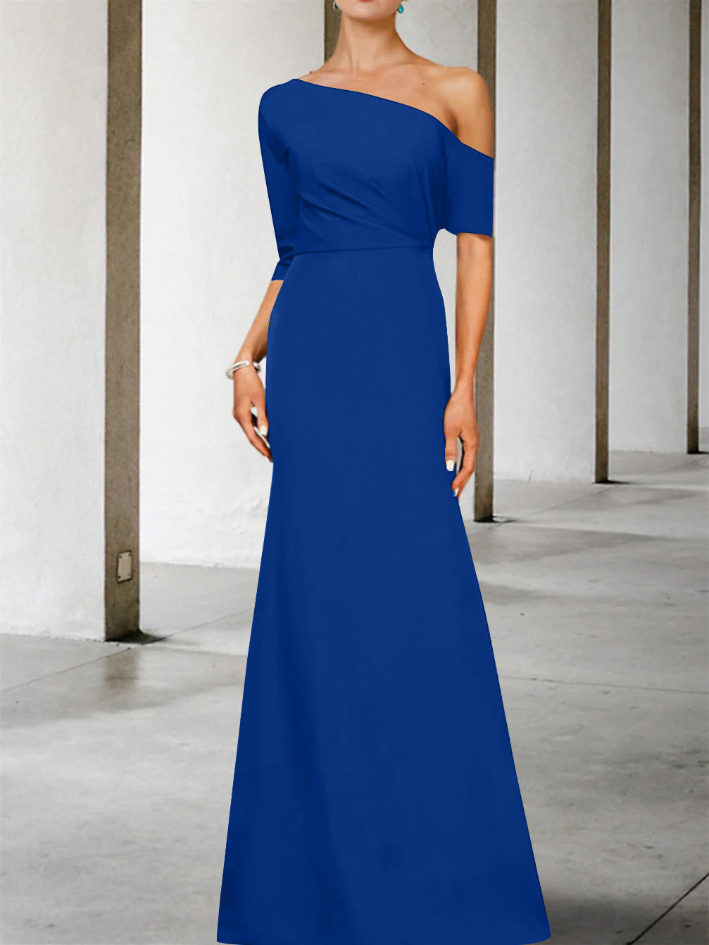 A-Line/Princess One-Shoulder 3/4 Length Sleeves Floor-Length Mother of the Bride Dresses