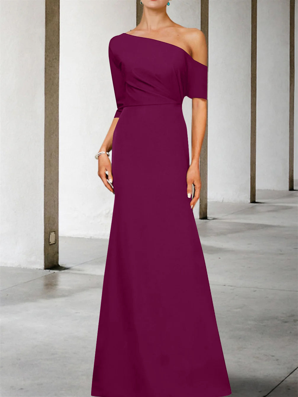 A-Line/Princess One-Shoulder 3/4 Length Sleeves Floor-Length Mother of the Bride Dresses