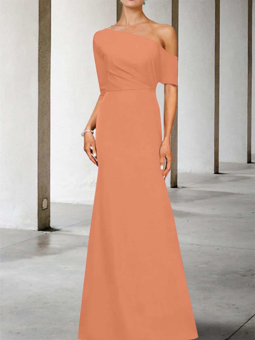A-Line/Princess One-Shoulder 3/4 Length Sleeves Floor-Length Mother of the Bride Dresses