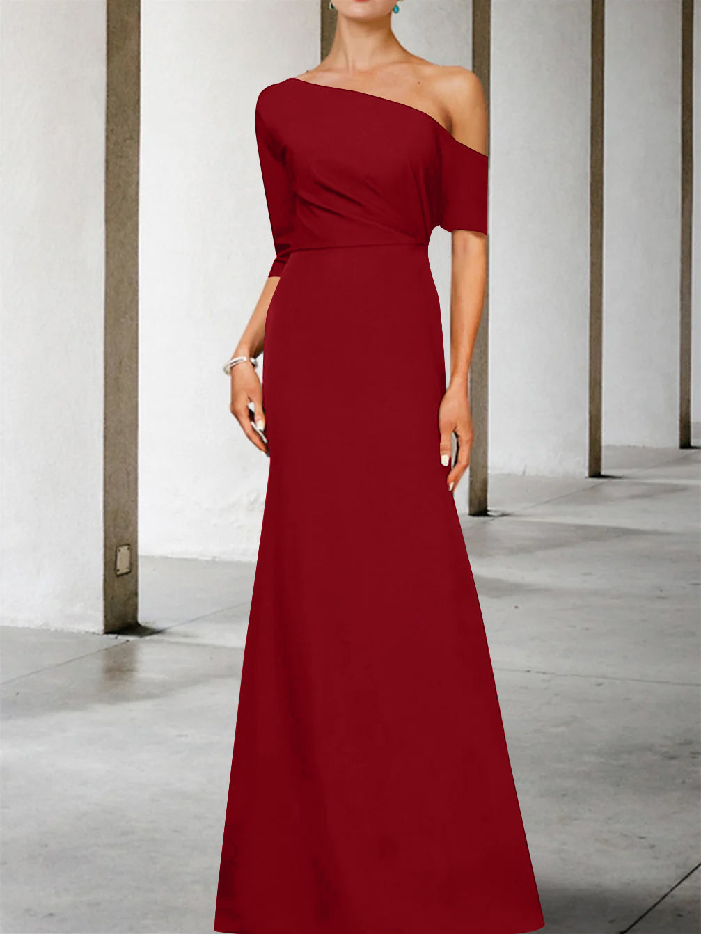 A-Line/Princess One-Shoulder 3/4 Length Sleeves Floor-Length Mother of the Bride Dresses