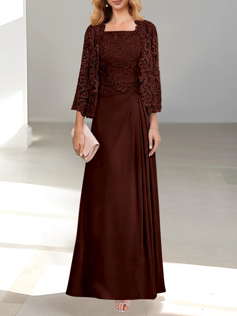 2 Pieces A-Line/Princess Scoop Floor-Length Mother of the Bride Dresses with Pleated & Lace Appliques