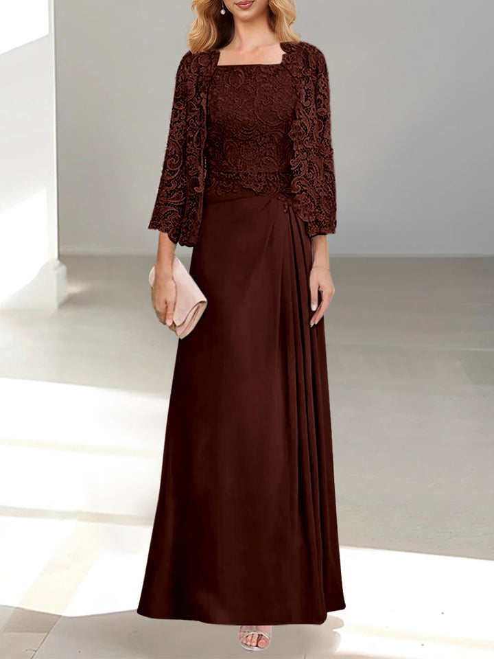 2 Pieces A-Line/Princess Scoop Floor-Length Mother of the Bride Dresses with Pleated & Lace Appliques