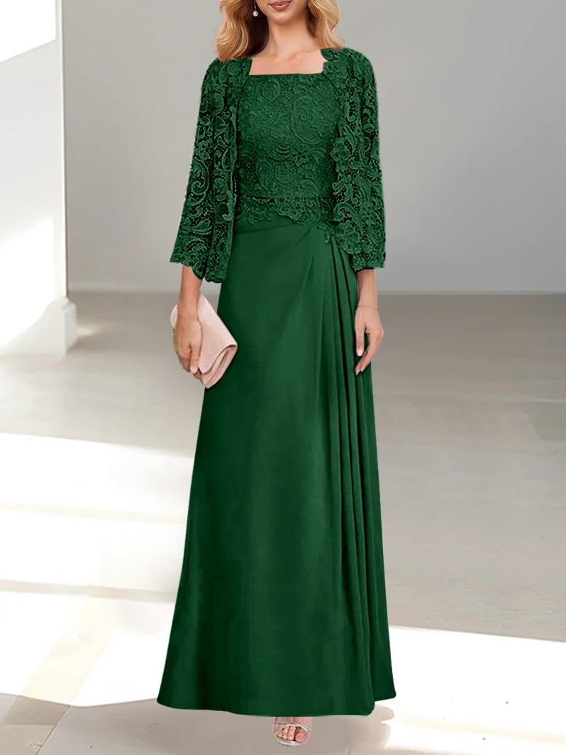 2 Pieces A-Line/Princess Scoop Floor-Length Mother of the Bride Dresses with Pleated & Lace Appliques