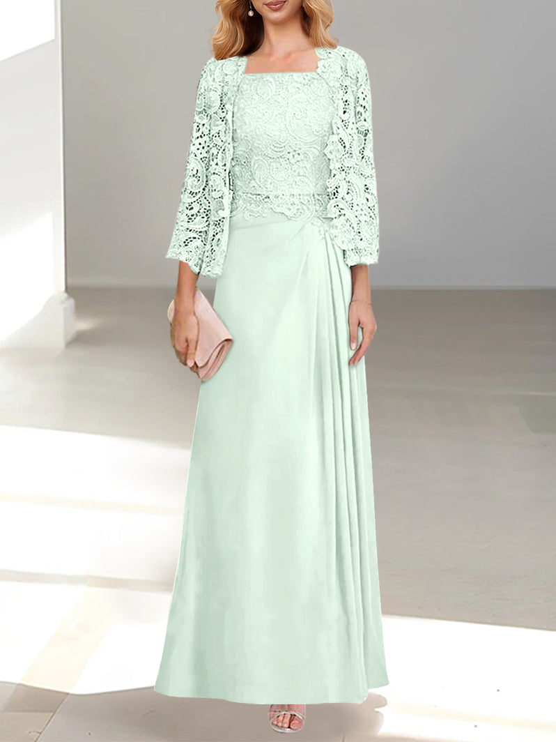 2 Pieces A-Line/Princess Scoop Floor-Length Mother of the Bride Dresses with Pleated & Lace Appliques