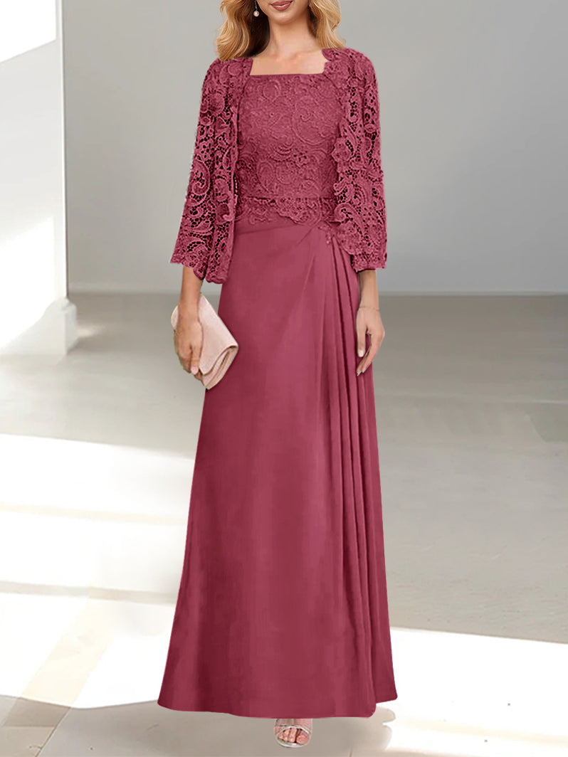 2 Pieces A-Line/Princess Scoop Floor-Length Mother of the Bride Dresses with Pleated & Lace Appliques