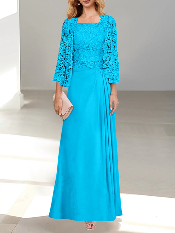 2 Pieces A-Line/Princess Scoop Floor-Length Mother of the Bride Dresses with Pleated & Lace Appliques