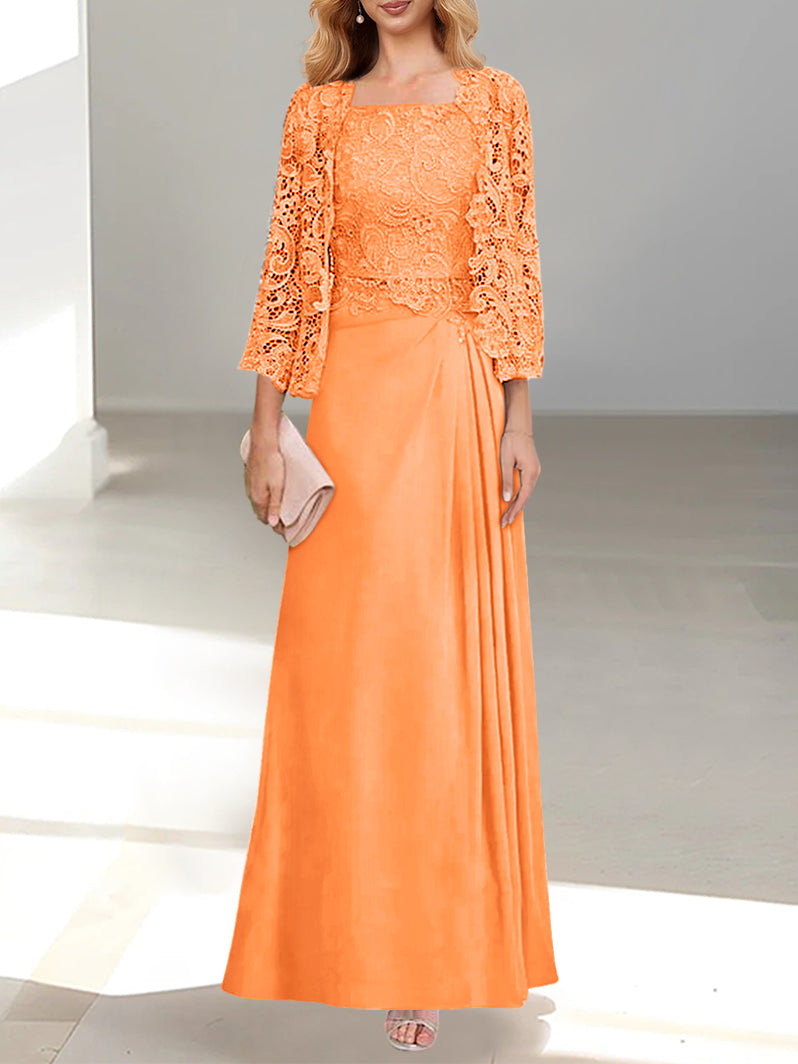 2 Pieces A-Line/Princess Scoop Floor-Length Mother of the Bride Dresses with Pleated & Lace Appliques