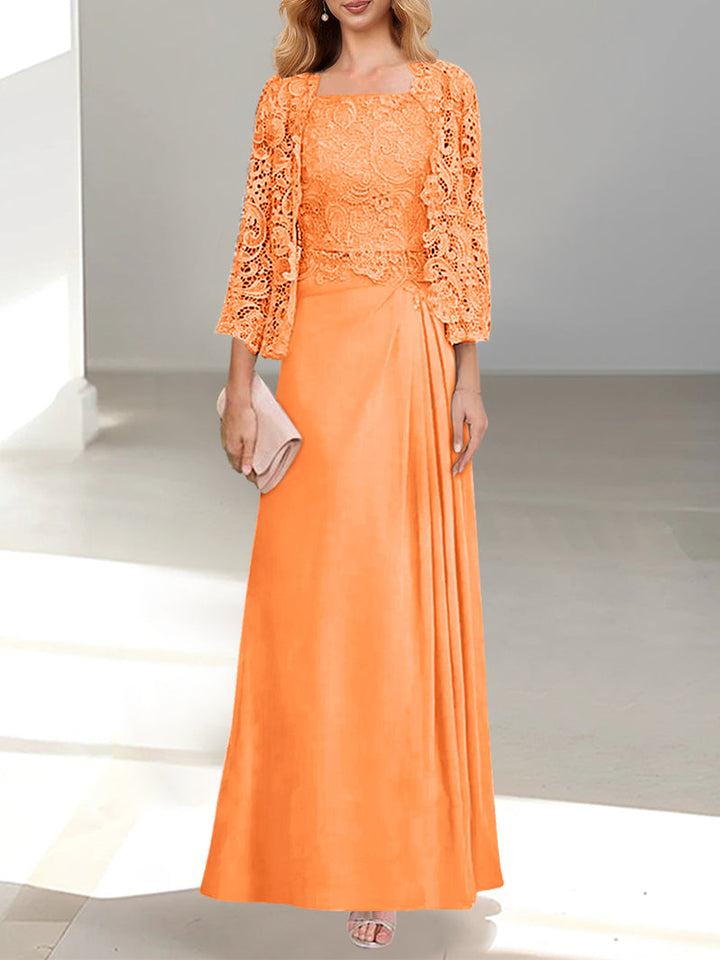 2 Pieces A-Line/Princess Scoop Floor-Length Mother of the Bride Dresses with Pleated & Lace Appliques