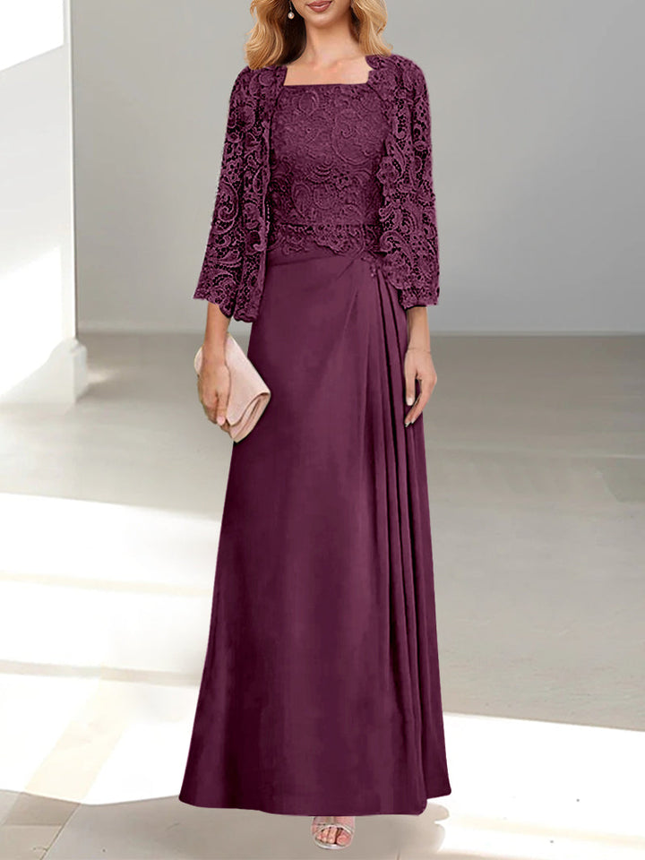 2 Pieces A-Line/Princess Scoop Floor-Length Mother of the Bride Dresses with Pleated & Lace Appliques