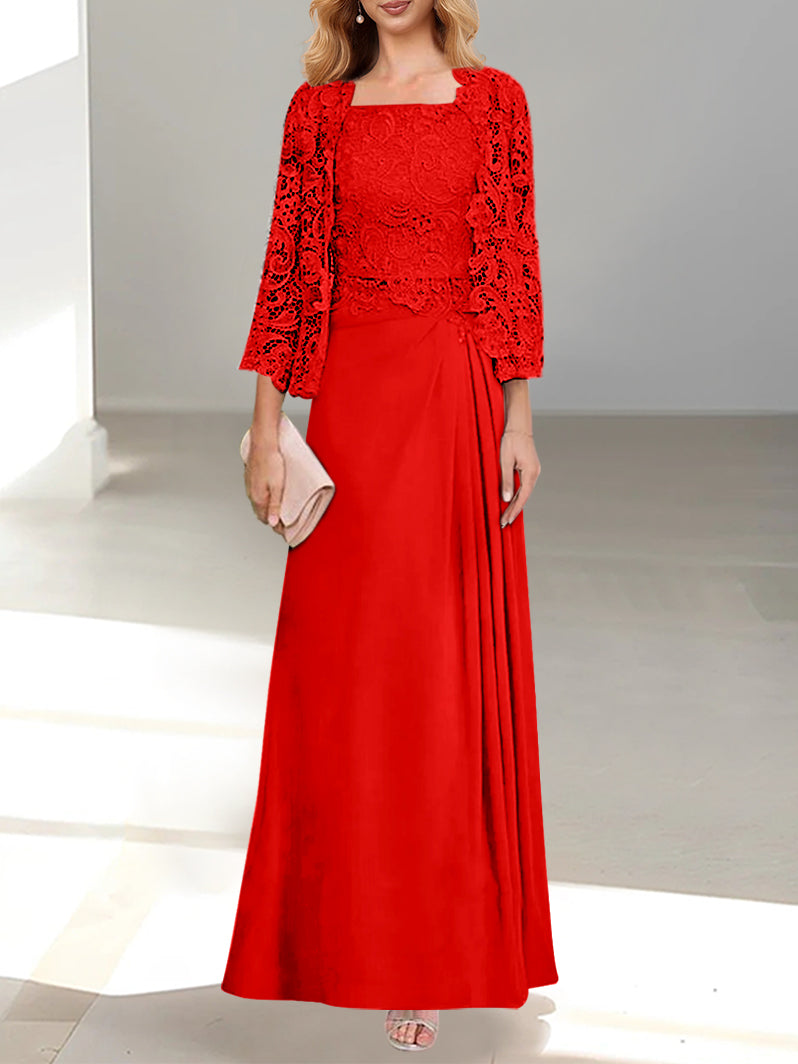 2 Pieces A-Line/Princess Scoop Floor-Length Mother of the Bride Dresses with Pleated & Lace Appliques