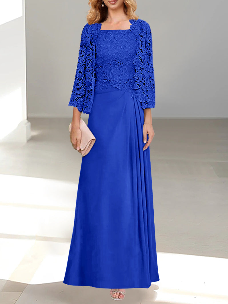 2 Pieces A-Line/Princess Scoop Floor-Length Mother of the Bride Dresses with Pleated & Lace Appliques