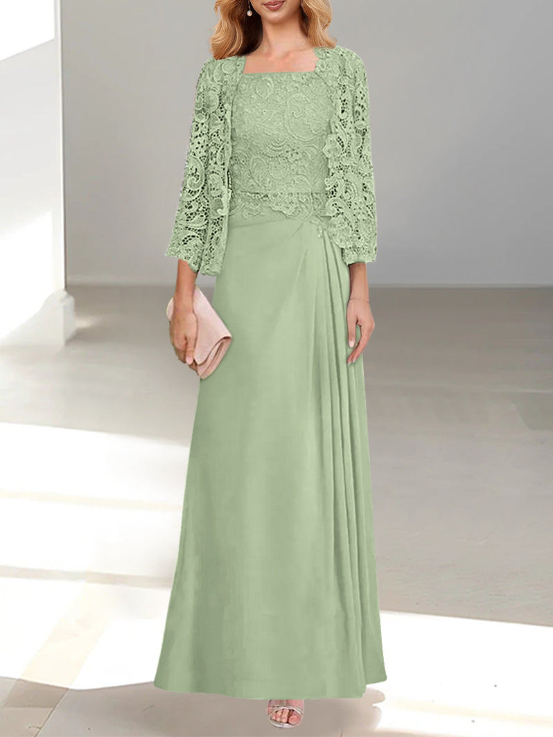 2 Pieces A-Line/Princess Scoop Floor-Length Mother of the Bride Dresses with Pleated & Lace Appliques