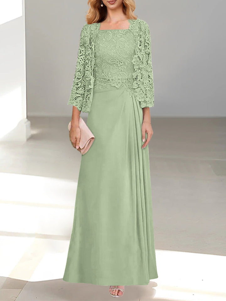 2 Pieces A-Line/Princess Scoop Floor-Length Mother of the Bride Dresses with Pleated & Lace Appliques