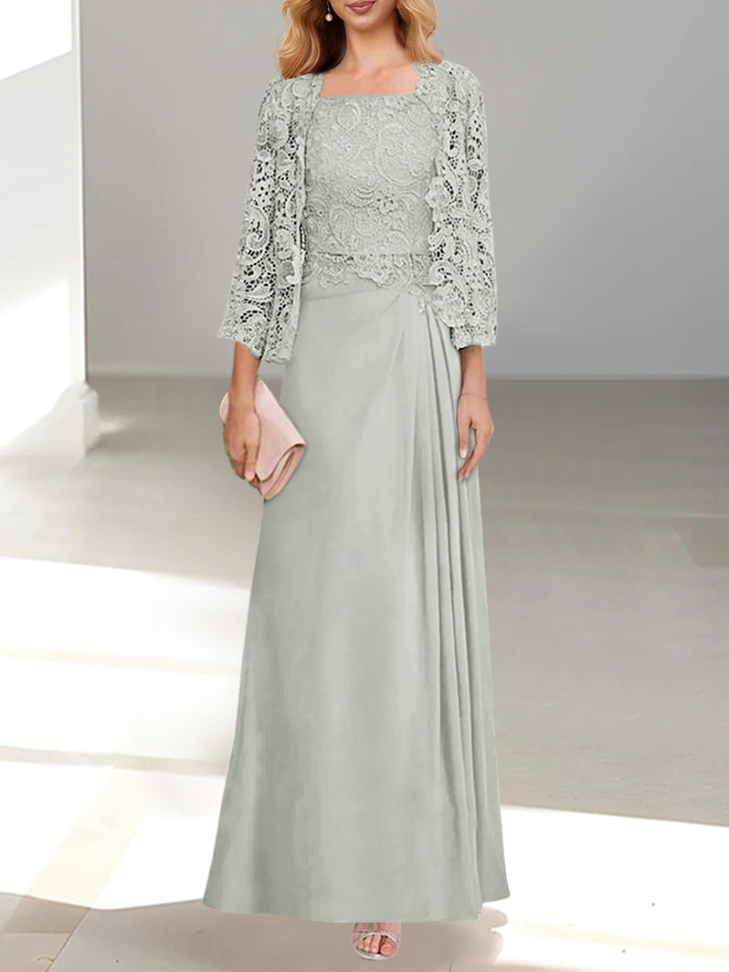 2 Pieces A-Line/Princess Scoop Floor-Length Mother of the Bride Dresses with Pleated & Lace Appliques