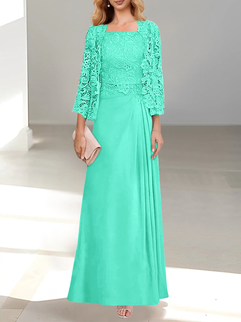 2 Pieces A-Line/Princess Scoop Floor-Length Mother of the Bride Dresses with Pleated & Lace Appliques