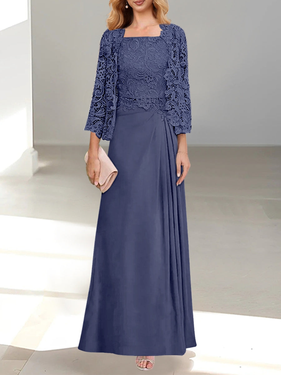 2 Pieces A-Line/Princess Scoop Floor-Length Mother of the Bride Dresses with Pleated & Lace Appliques