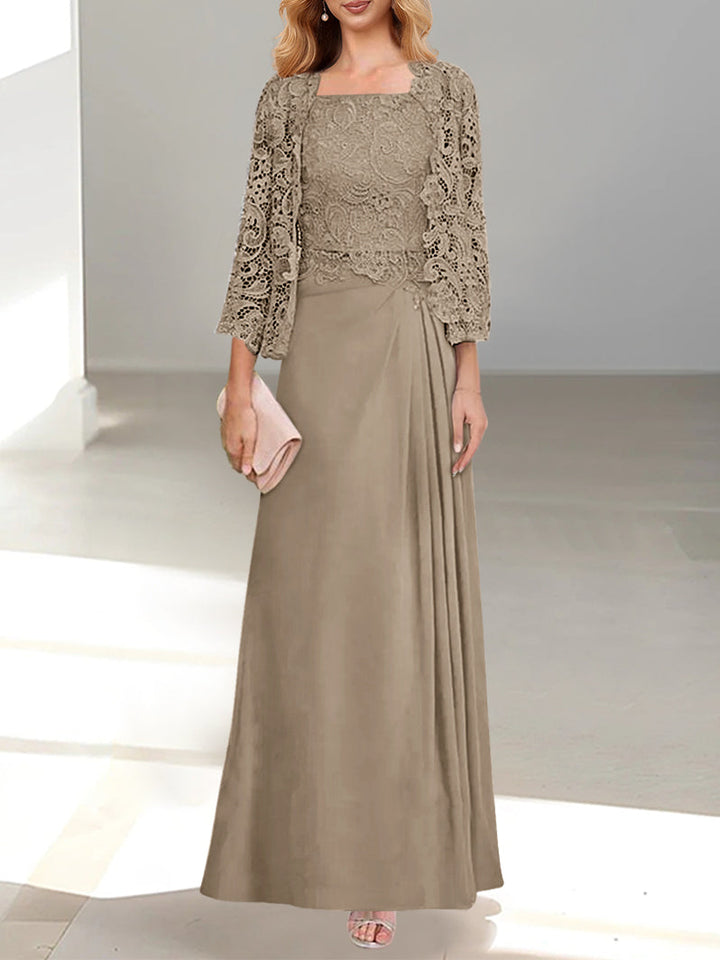 2 Pieces A-Line/Princess Scoop Floor-Length Mother of the Bride Dresses with Pleated & Lace Appliques