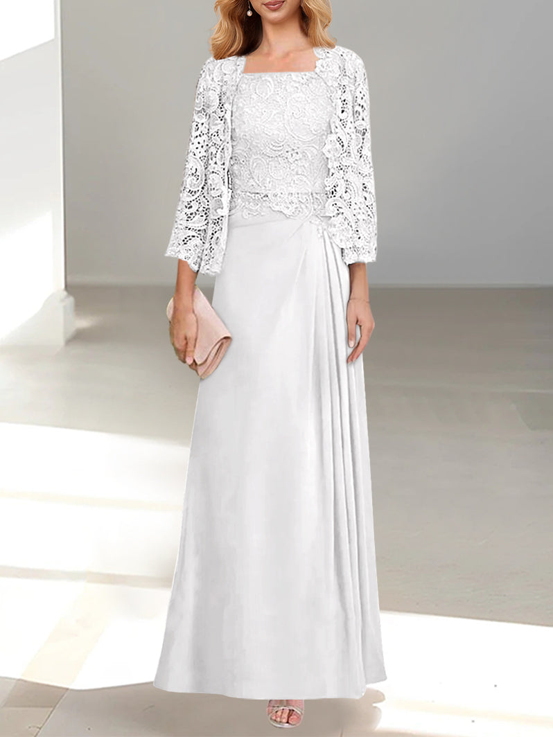 2 Pieces A-Line/Princess Scoop Floor-Length Mother of the Bride Dresses with Pleated & Lace Appliques